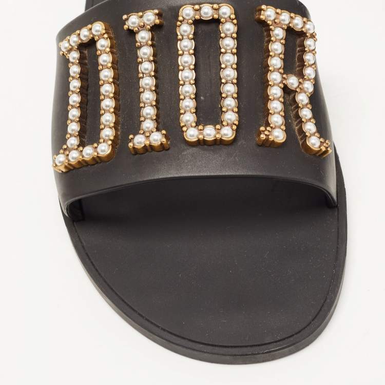 Pre Owned Dior Black Rubber Faux Pearl Diorevolution Flat Slides Size 39