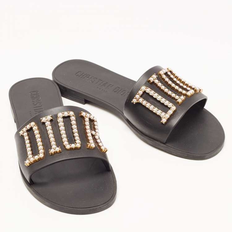Pre Owned Dior Black Rubber Faux Pearl Diorevolution Flat Slides Size 39