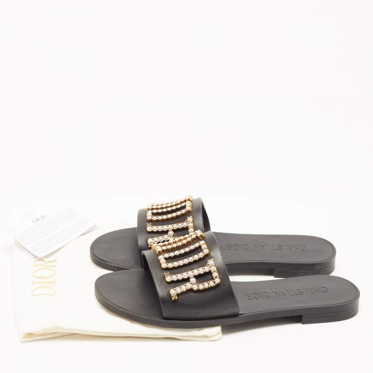 Pre Owned Dior Black Rubber Faux Pearl Diorevolution Flat Slides Size 39