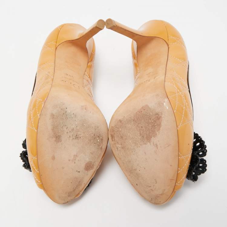 Pre Owned Dior Light Orange/Black Cannage Patent Leather Bow Peep Toe Pumps Size 38.5