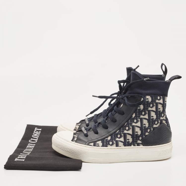 Pre Owned Dior Navy Blue Knit Fabric and Leather Walk'n'Dior High Top Sneakers Size 37.5