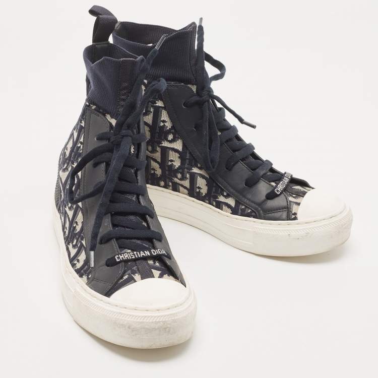 Pre Owned Dior Navy Blue Knit Fabric and Leather Walk'n'Dior High Top Sneakers Size 37.5