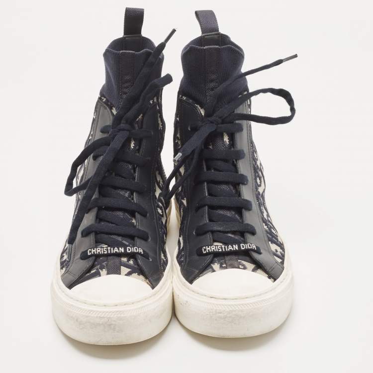 Pre Owned Dior Navy Blue Knit Fabric and Leather Walk'n'Dior High Top Sneakers Size 37.5