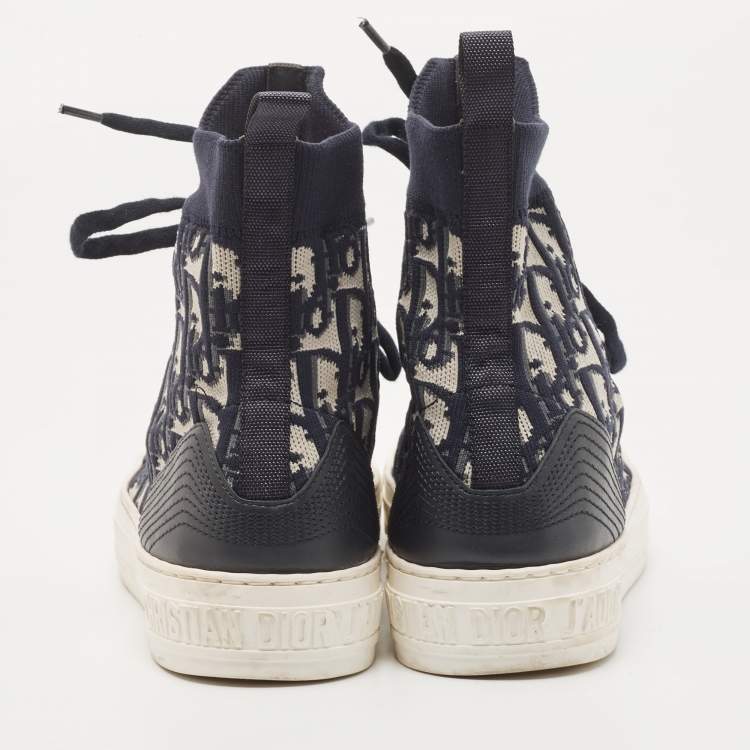 Pre Owned Dior Navy Blue Knit Fabric and Leather Walk'n'Dior High Top Sneakers Size 37.5