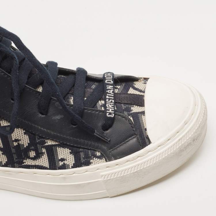 Pre Owned Dior Navy Blue Knit Fabric and Leather Walk'n'Dior High Top Sneakers Size 37.5