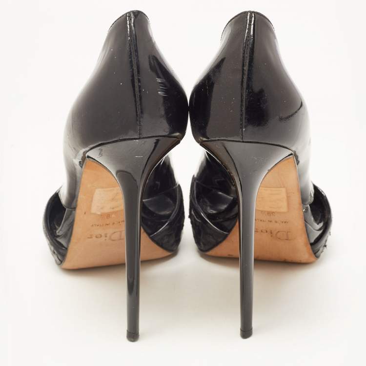 Pre Owned Dior Black Patent Leather Cut Out Open Toe Pumps Size 39.5