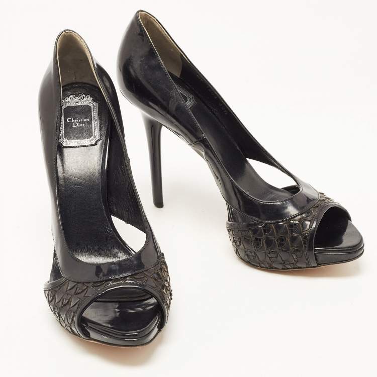 Pre Owned Dior Black Patent Leather Cut Out Open Toe Pumps Size 39.5