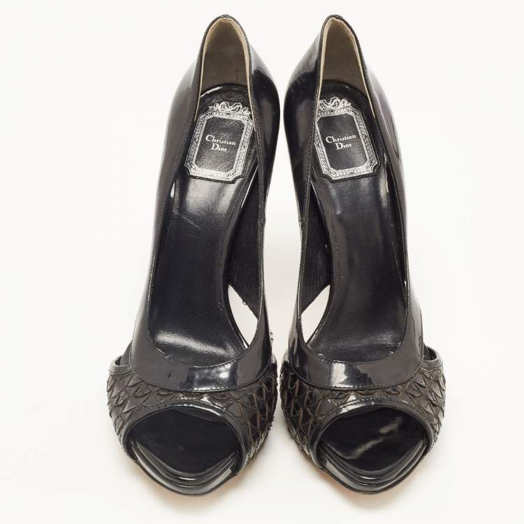 Pre Owned Dior Black Patent Leather Cut Out Open Toe Pumps Size 39.5