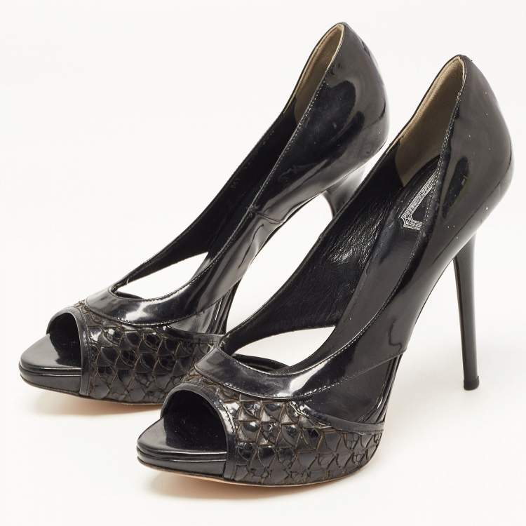 Pre Owned Dior Black Patent Leather Cut Out Open Toe Pumps Size 39.5