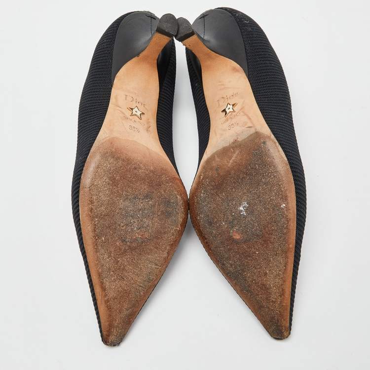 Pre Owned Dior J'adior Black Canvas Ribbon Pointed Toe Pumps Size 38.5