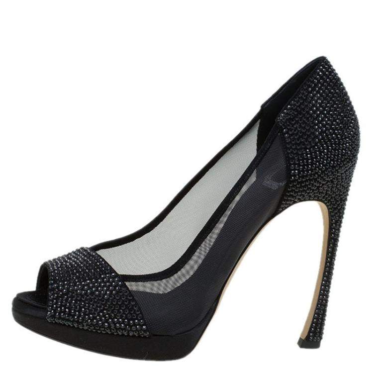 Black mesh outlet peep toe heels