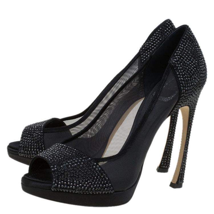 Pre Owned Dior Black Mesh and Crystal Coated Satin Peep Toe Pumps Size 38.5