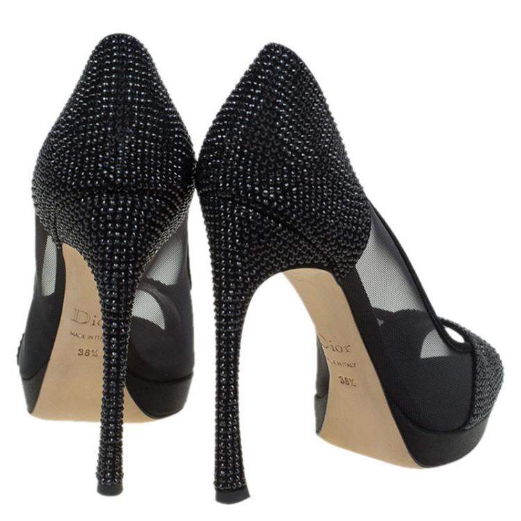 Pre Owned Dior Black Mesh and Crystal Coated Satin Peep Toe Pumps Size 38.5