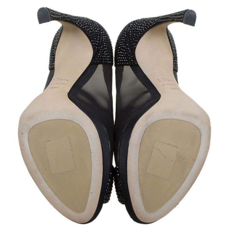 Pre Owned Dior Black Mesh and Crystal Coated Satin Peep Toe Pumps Size 38.5