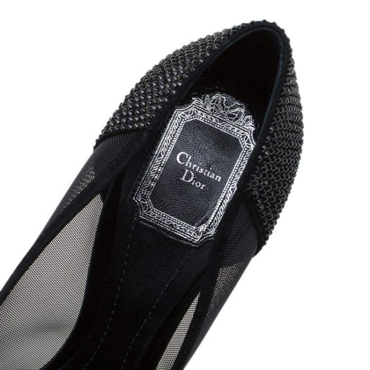 Pre Owned Dior Black Mesh and Crystal Coated Satin Peep Toe Pumps Size 38.5