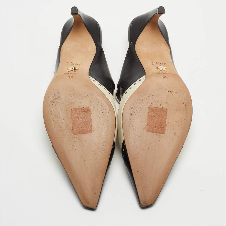 Pre Owned Dior Black/Cream Brogue Leather Mules Size 39