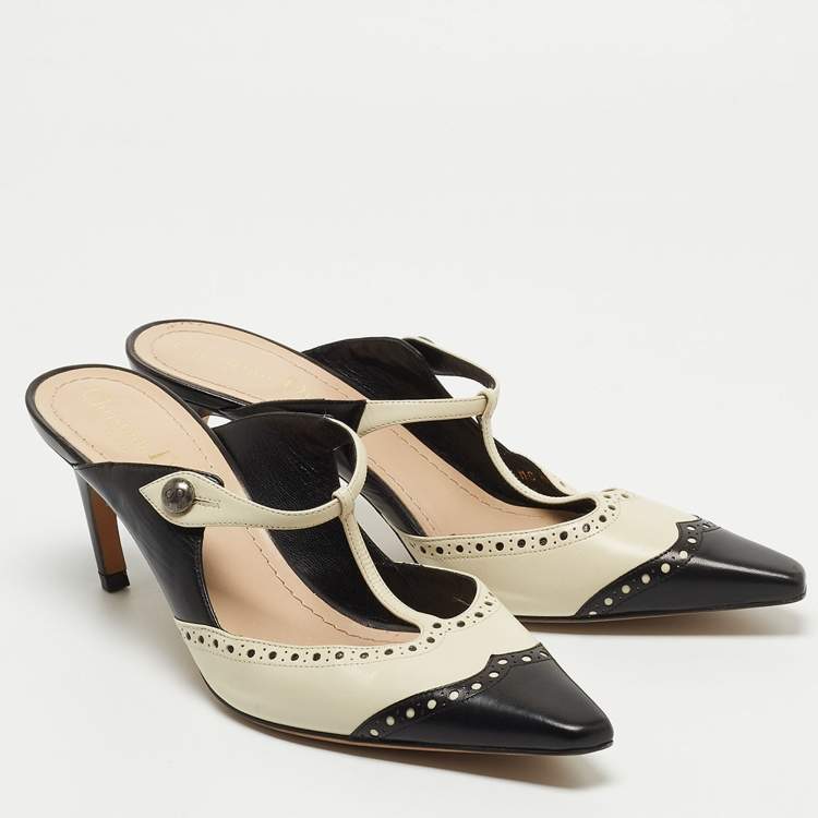 Pre Owned Dior Black/Cream Brogue Leather Mules Size 39