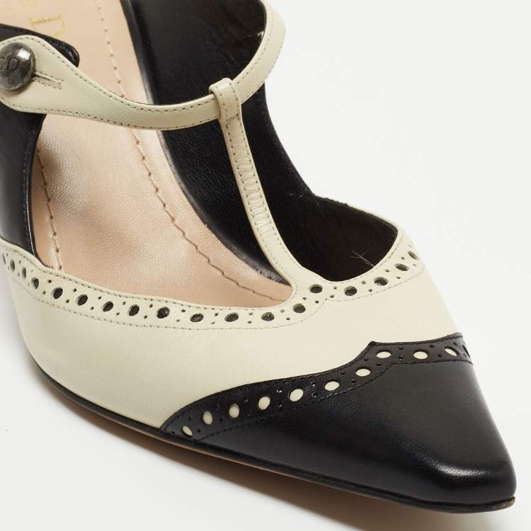 Pre Owned Dior Black/Cream Brogue Leather Mules Size 39