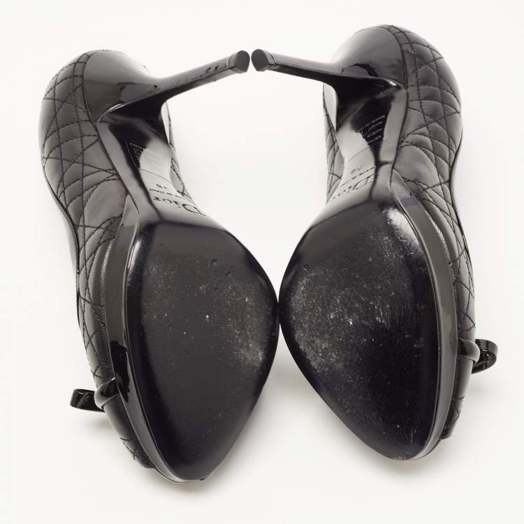 Pre Owned Dior Black Leather Cannage Quilted Peep Toe Bow Pumps Size 38