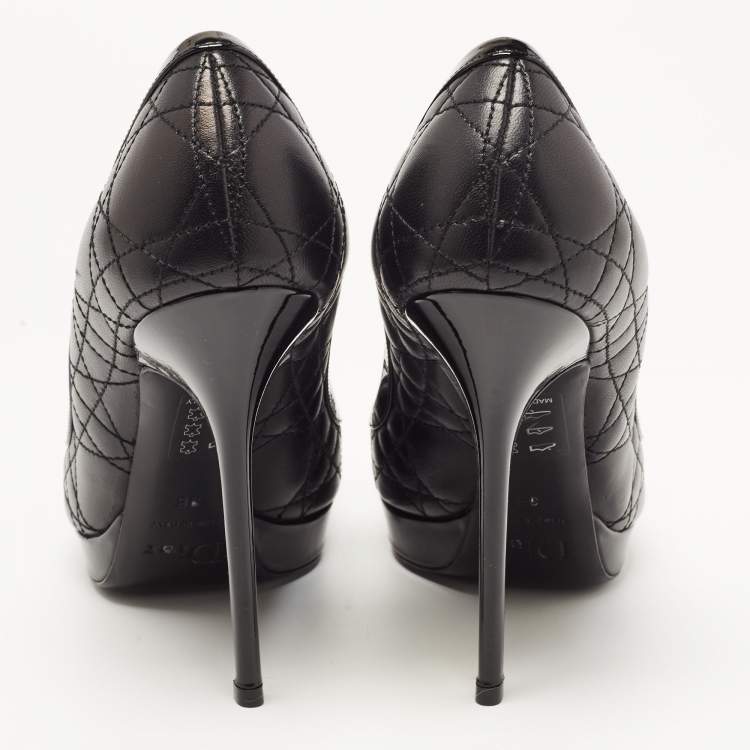 Pre Owned Dior Black Leather Cannage Quilted Peep Toe Bow Pumps Size 38