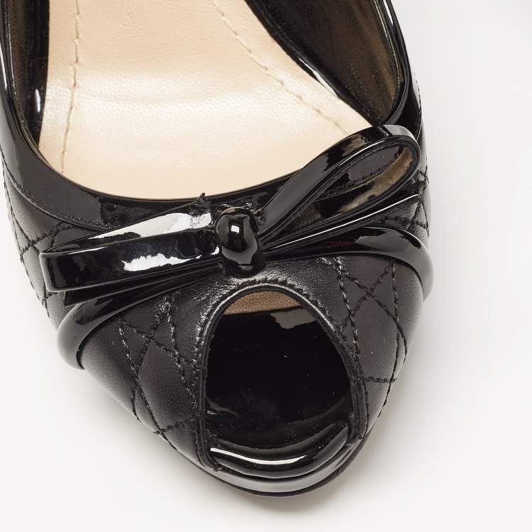 Pre Owned Dior Black Leather Cannage Quilted Peep Toe Bow Pumps Size 38