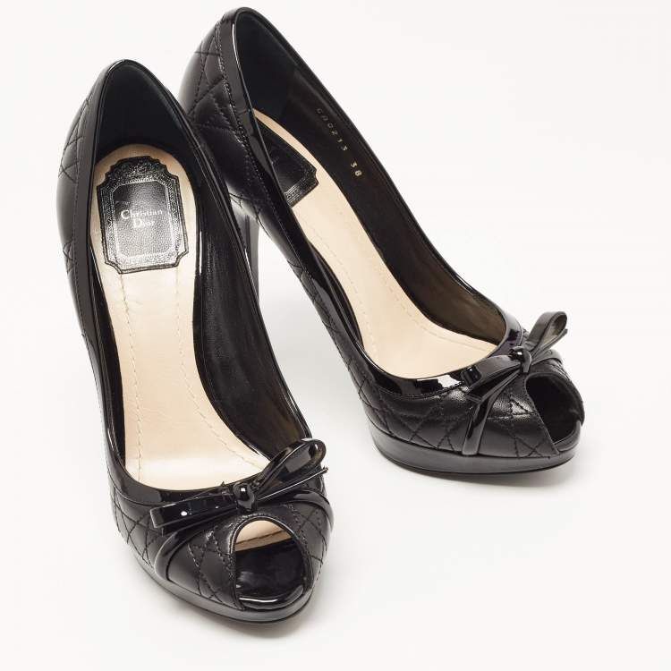 Pre Owned Dior Black Leather Cannage Quilted Peep Toe Bow Pumps Size 38