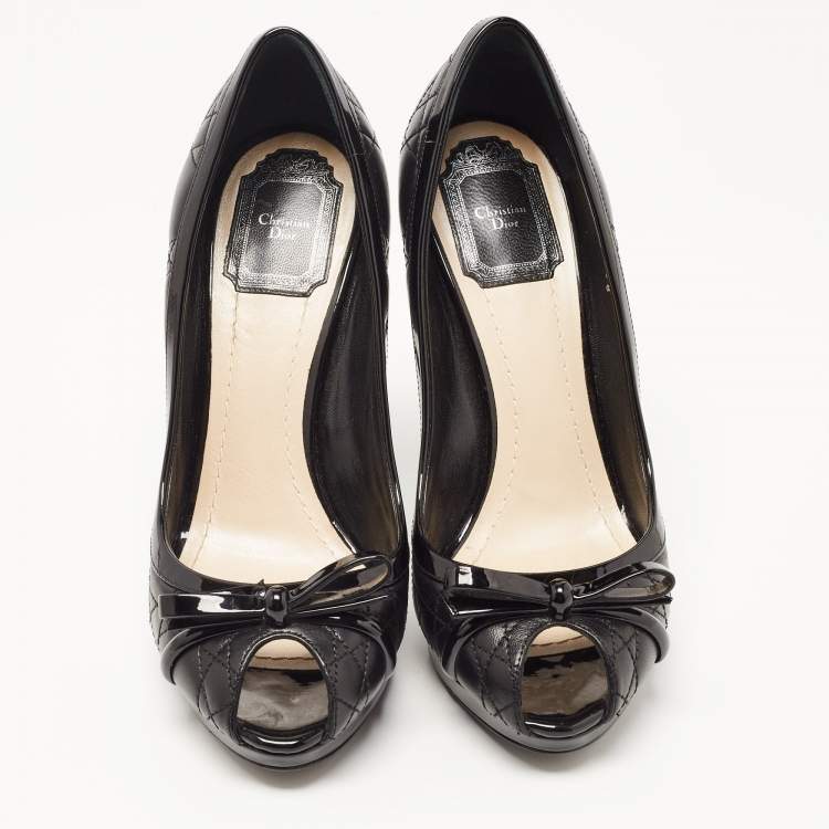 Pre Owned Dior Black Leather Cannage Quilted Peep Toe Bow Pumps Size 38