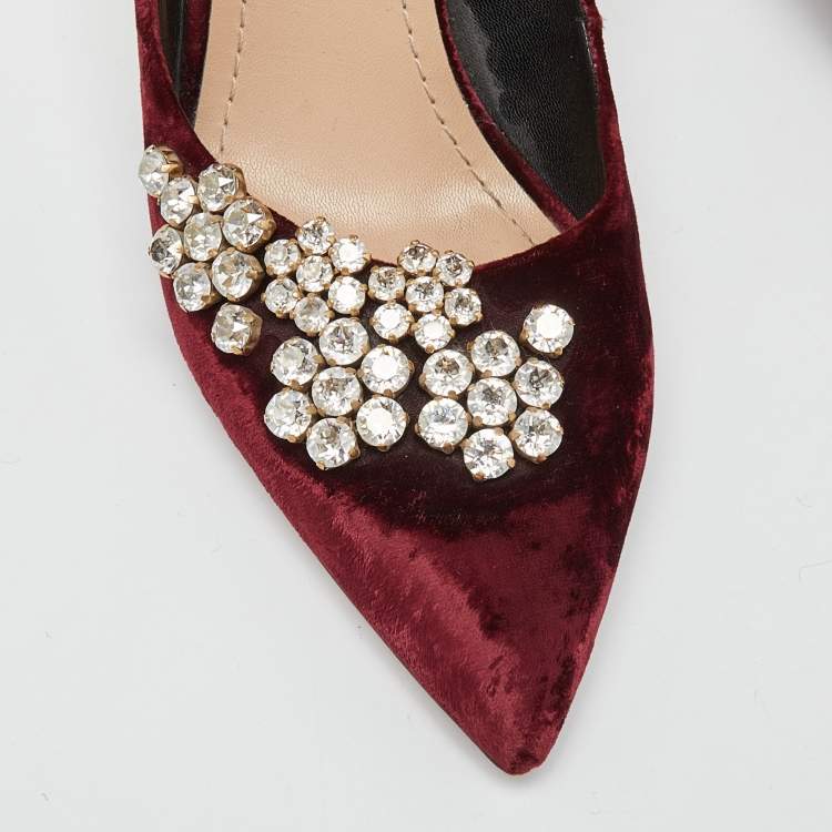 Pre Owned Dior Burgundy Velvet Crystal Embellished Pointed Toe Pumps Size 39.5
