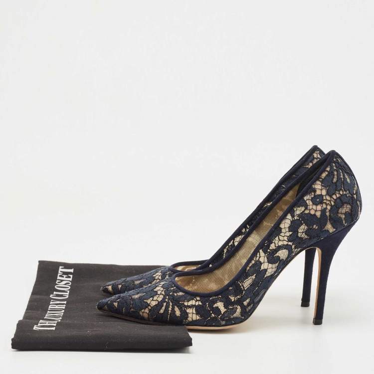Pre Owned Dior Navy Blue Lace Pointed Toe Pumps Size 38