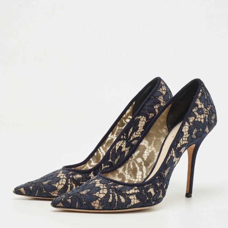 Pre Owned Dior Navy Blue Lace Pointed Toe Pumps Size 38