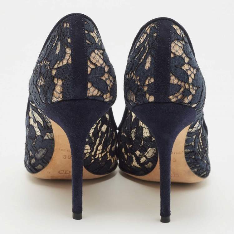 Pre Owned Dior Navy Blue Lace Pointed Toe Pumps Size 38
