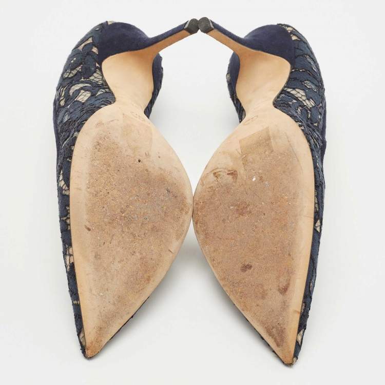 Pre Owned Dior Navy Blue Lace Pointed Toe Pumps Size 38