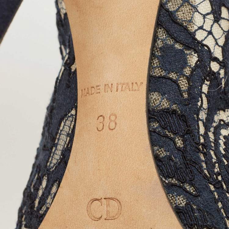 Pre Owned Dior Navy Blue Lace Pointed Toe Pumps Size 38