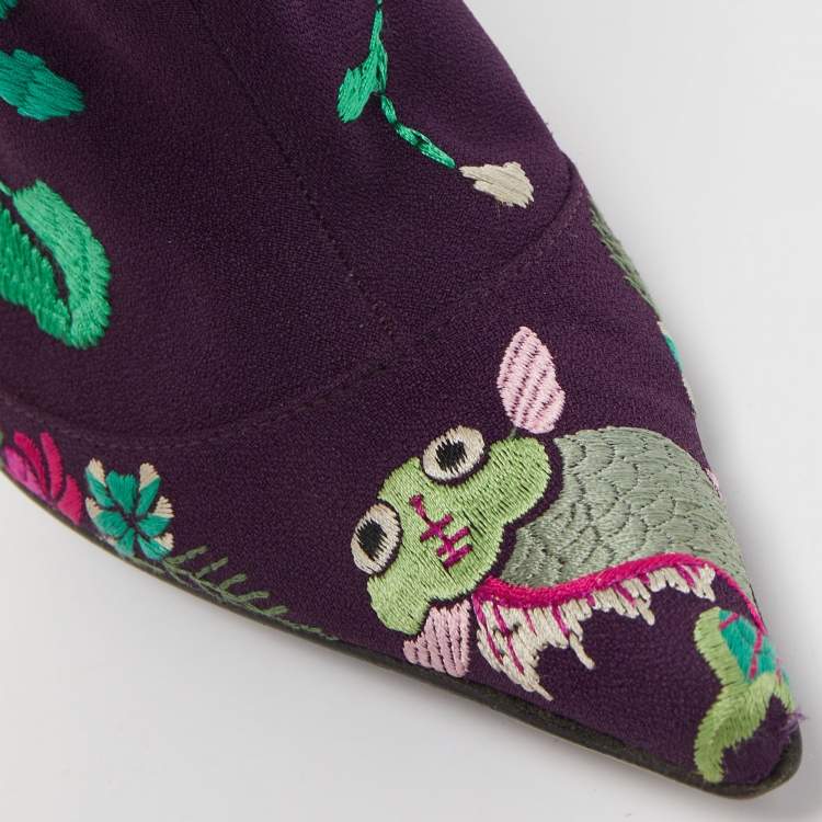 Pre Owned Dior Purple Canvas  Embroidered Floral Knee Length Boots Size 36.5