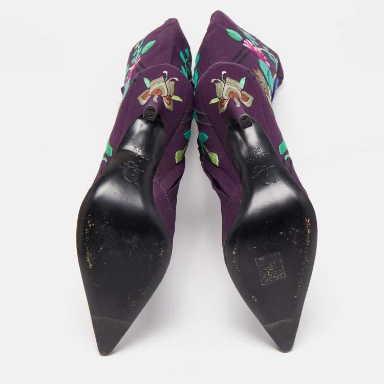 Pre Owned Dior Purple Canvas  Embroidered Floral Knee Length Boots Size 36.5