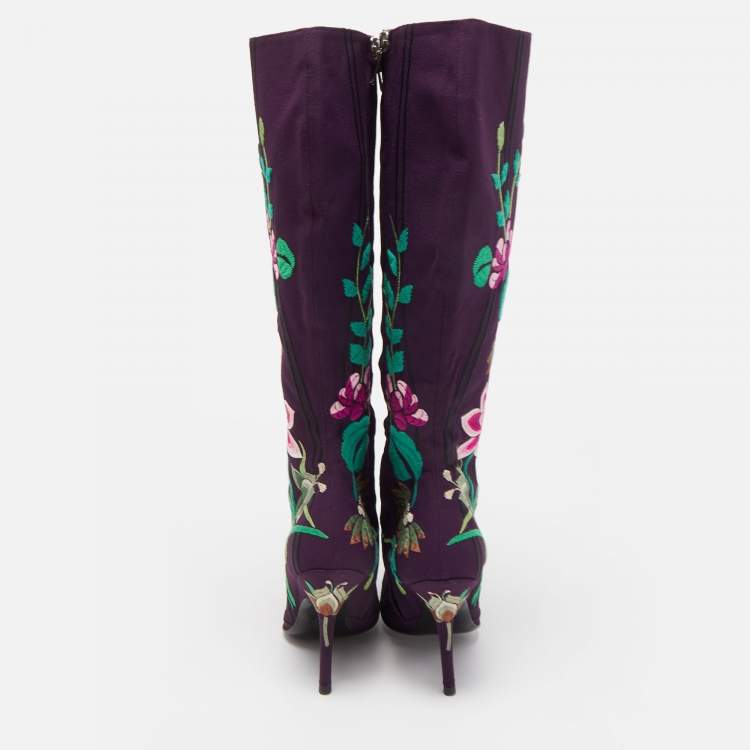 Pre Owned Dior Purple Canvas  Embroidered Floral Knee Length Boots Size 36.5