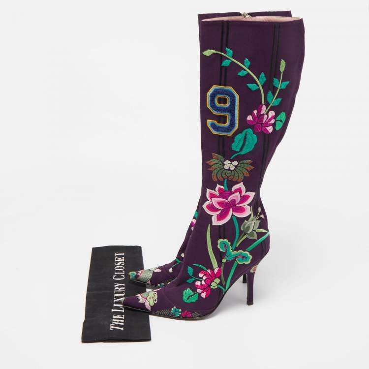 Pre Owned Dior Purple Canvas  Embroidered Floral Knee Length Boots Size 36.5