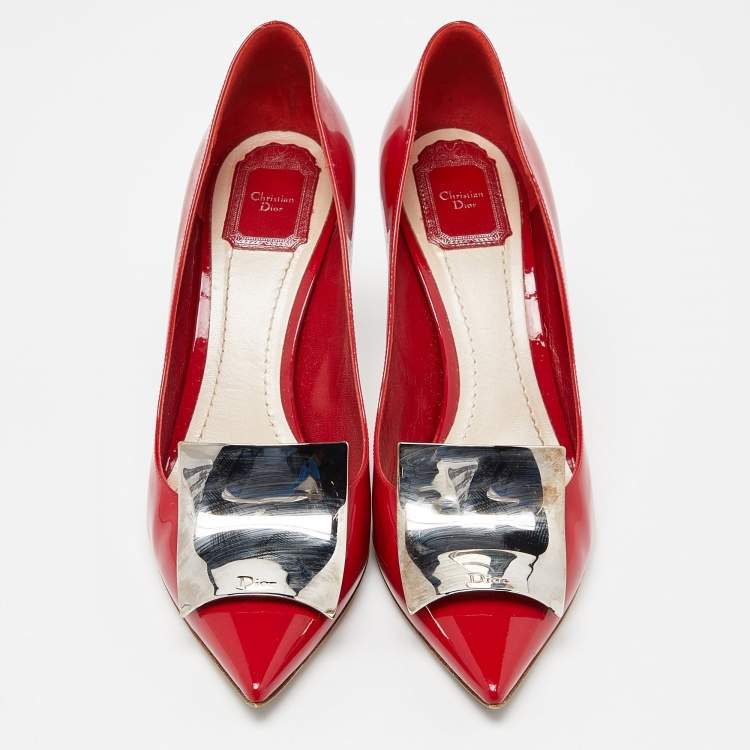 Pre Owned Dior Red Patent Leather Metal Pointed Toe Pumps Size 40