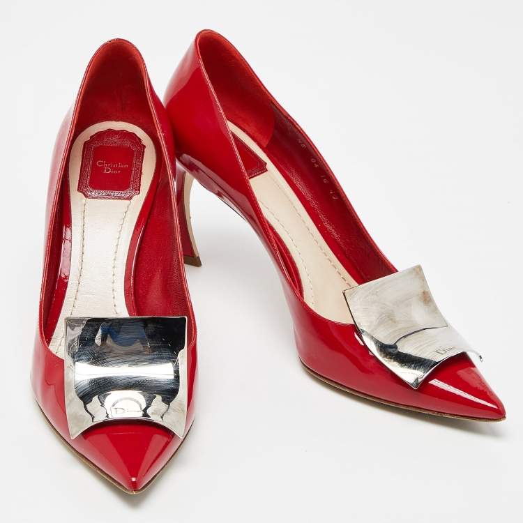 Pre Owned Dior Red Patent Leather Metal Pointed Toe Pumps Size 40