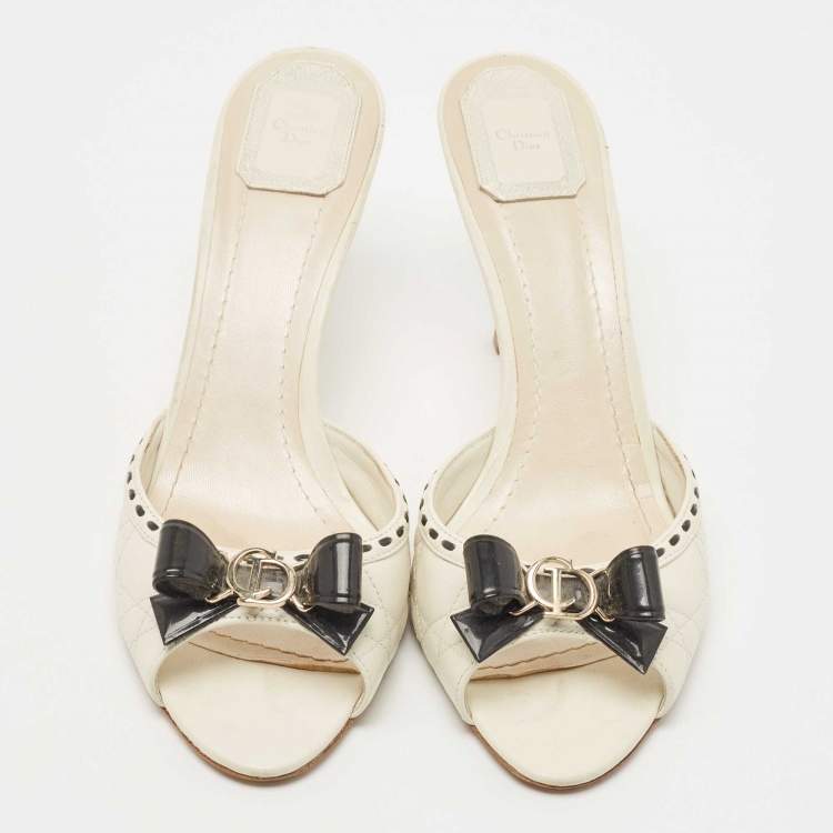 Pre Owned Dior Off White Quilted Leather CD Bow Slide Sandals Size 42 