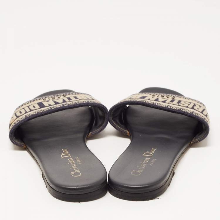 Pre Owned Dior Navy Blue/White Canvas Dway Flat Slides Size 36.5
