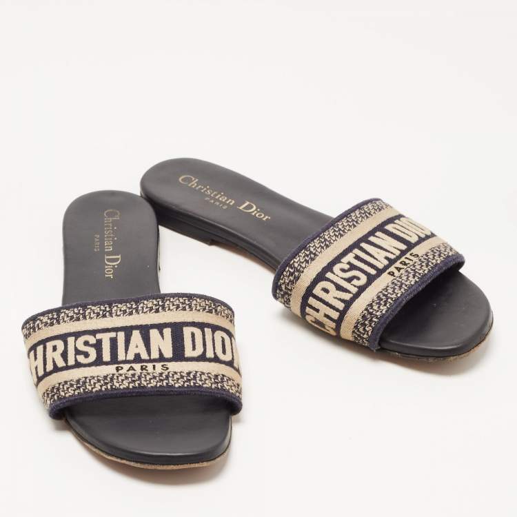 Pre Owned Dior Navy Blue/White Canvas Dway Flat Slides Size 36.5