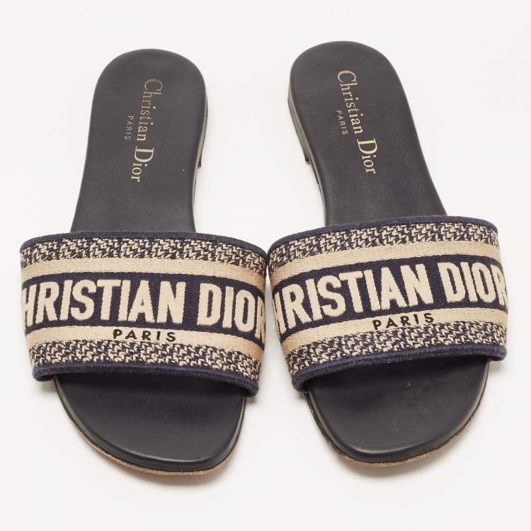 Pre Owned Dior Navy Blue/White Canvas Dway Flat Slides Size 36.5