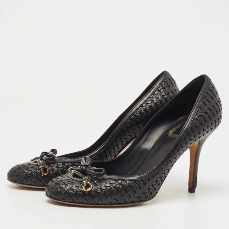Pre Owned Dior Black Woven Leather CD Charm Bow Pumps Size 38.5