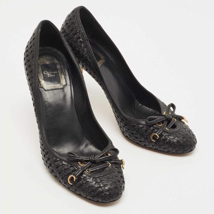 Pre Owned Dior Black Woven Leather CD Charm Bow Pumps Size 38.5
