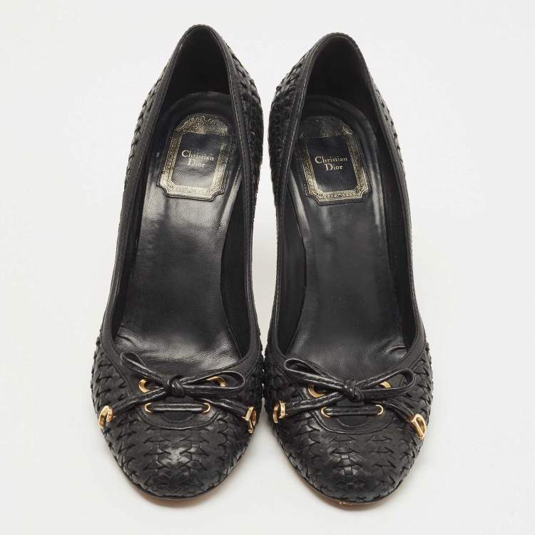 Pre Owned Dior Black Woven Leather CD Charm Bow Pumps Size 38.5