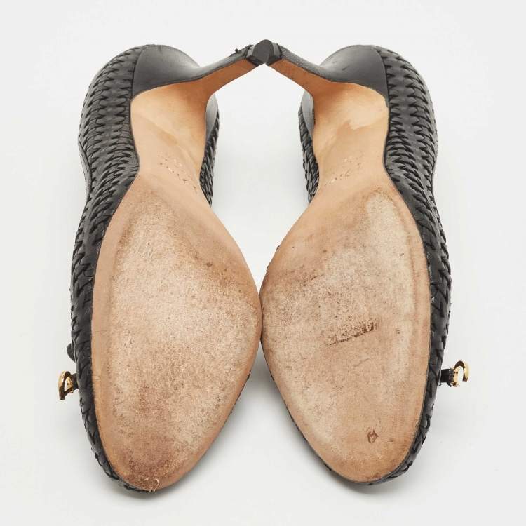 Pre Owned Dior Black Woven Leather CD Charm Bow Pumps Size 38.5