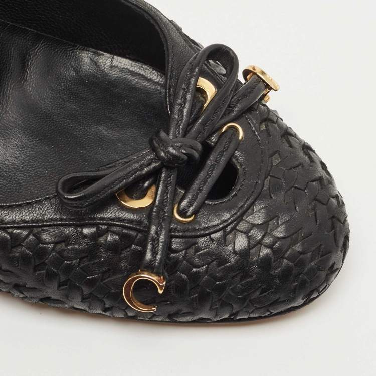 Pre Owned Dior Black Woven Leather CD Charm Bow Pumps Size 38.5