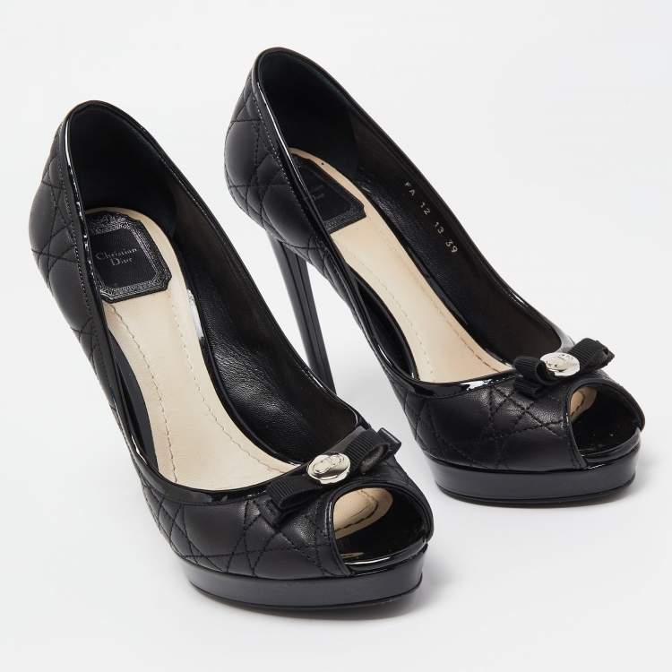 Pre Owned Dior Black Quilted Leather Bow Peep Toe Platform Pumps Size 39