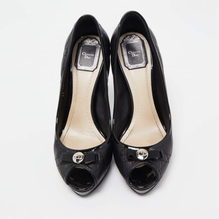 Pre Owned Dior Black Quilted Leather Bow Peep Toe Platform Pumps Size 39